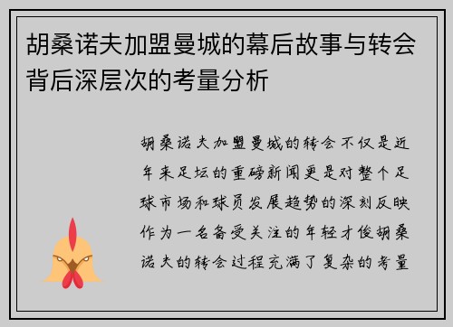 胡桑诺夫加盟曼城的幕后故事与转会背后深层次的考量分析
